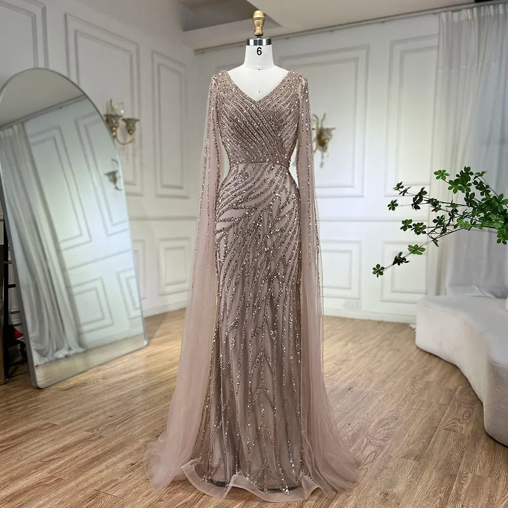 Arabic Mermaid Blue Beaded Elegant Cape Sleeves Luxury Evening Dress Gown For Women Wedding Party 2025 LA71493A