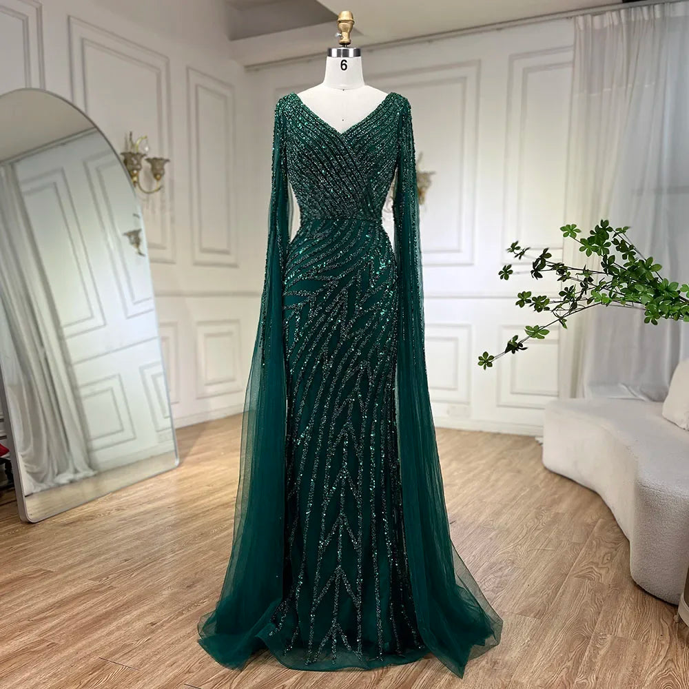 Vestido de noche elegante de lujo con mangas estilo capa y cuentas azules de sirena árabe para mujer, para fiesta de boda 2025 LA71493A 