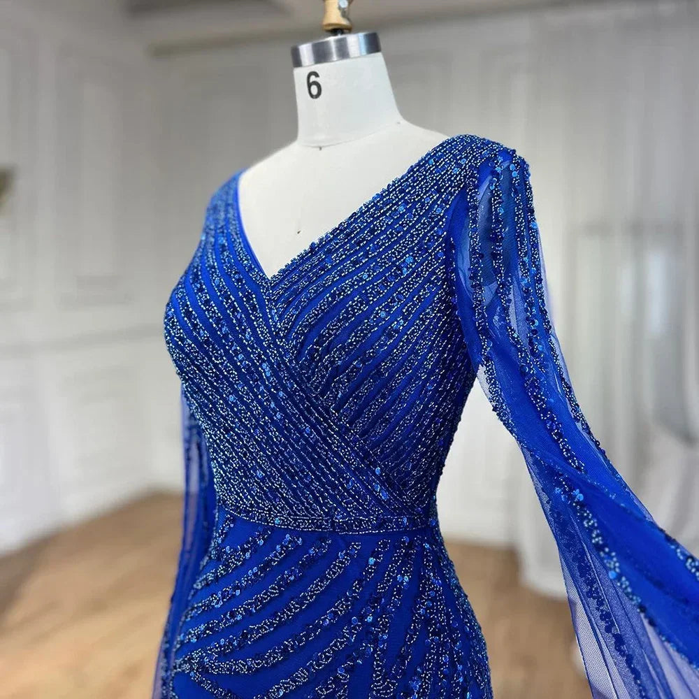 Vestido de noche elegante de lujo con mangas estilo capa y cuentas azules de sirena árabe para mujer, para fiesta de boda 2025 LA71493A 