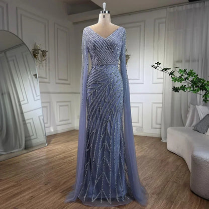 Vestido de noche elegante de lujo con mangas estilo capa y cuentas azules de sirena árabe para mujer, para fiesta de boda 2025 LA71493A 