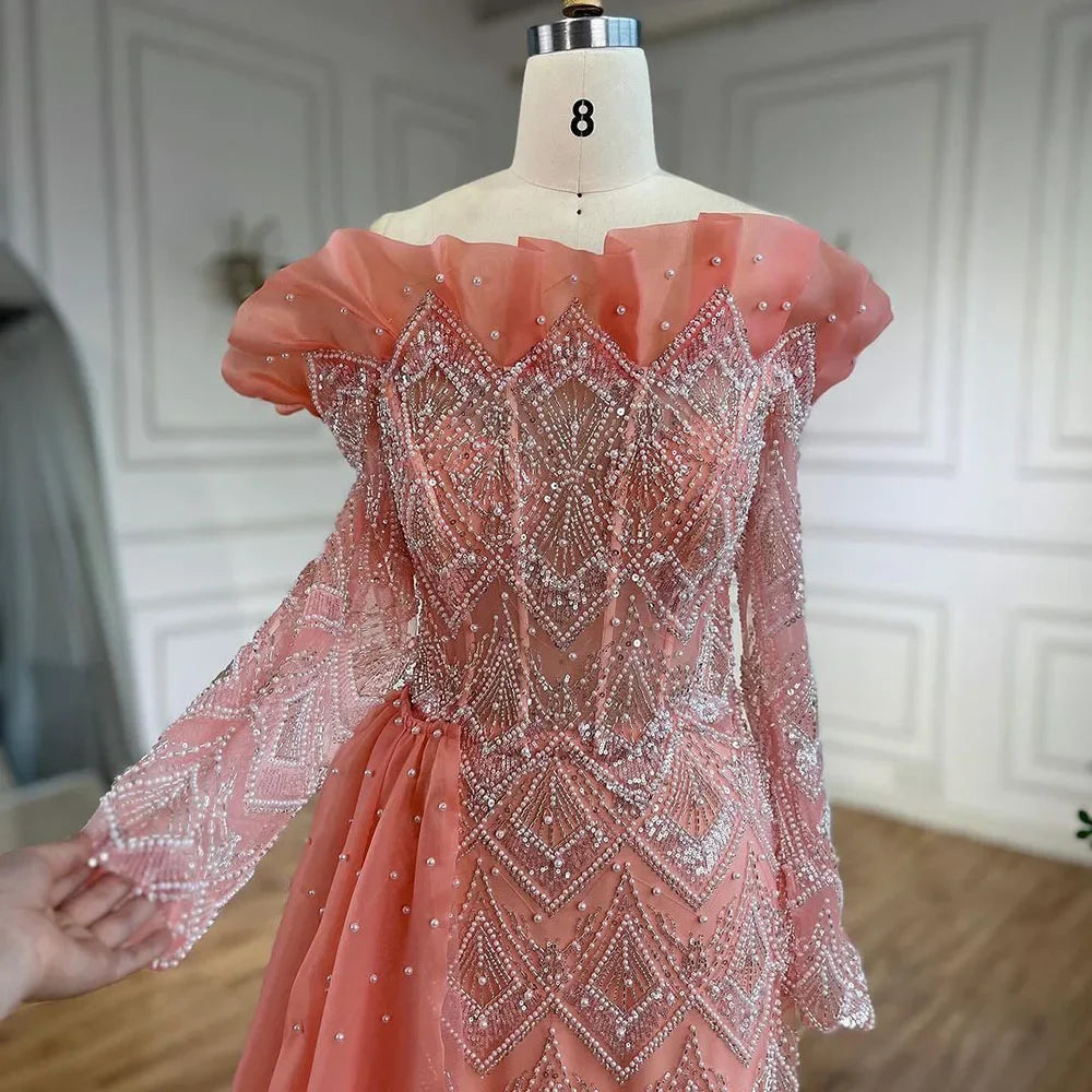 Arabic Mermaid Elegant Orange Luxury Evening Dresses Gowns Pearls Beaded For Women Party 2025 LA71649A