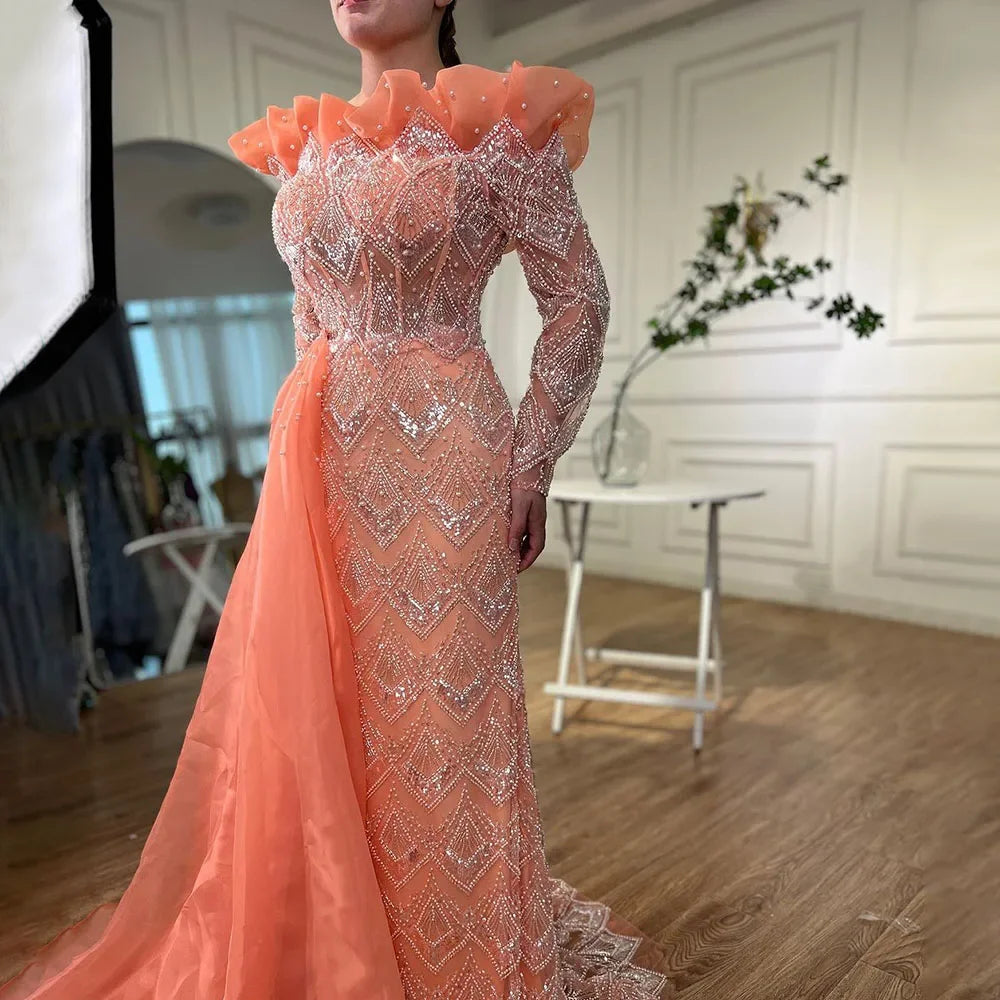 Elegante vestido de noche de lujo con escote sirena árabe en naranja y perlas para mujer, ideal para fiestas 2025 LA71649A 