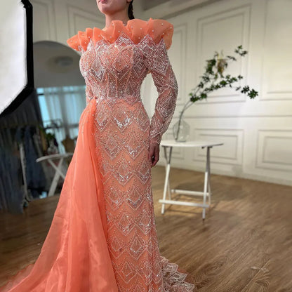 Elegante vestido de noche de lujo con escote sirena árabe en naranja y perlas para mujer, ideal para fiestas 2025 LA71649A 