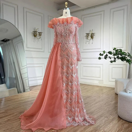 Elegante vestido de noche de lujo con escote sirena árabe en naranja y perlas para mujer, ideal para fiestas 2025 LA71649A 