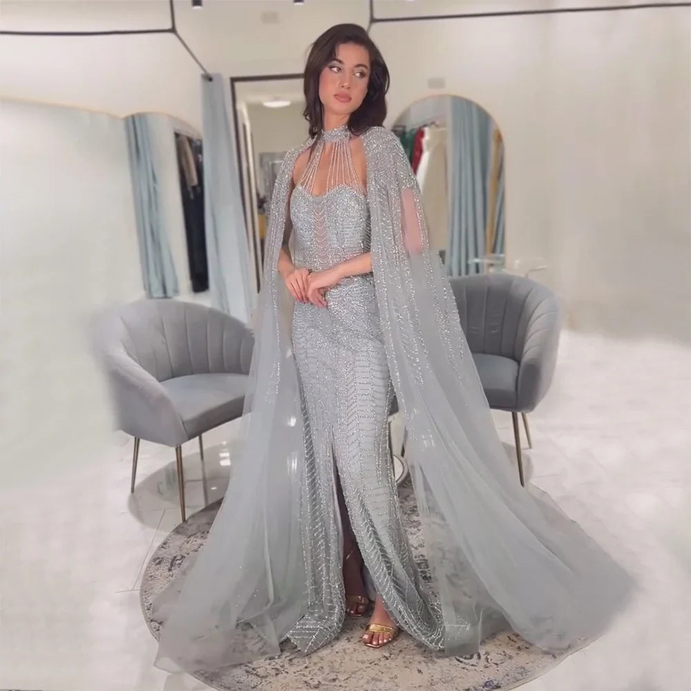 Vestido de noche elegante de sirena árabe gris con mangas estilo capa y cuentas de lujo para mujer, para fiesta de boda 2025 LA72247 