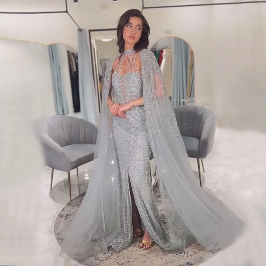 Vestido de noche elegante de sirena árabe gris con mangas estilo capa y cuentas de lujo para mujer, para fiesta de boda 2025 LA72247 