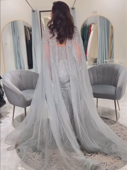 Vestido de noche elegante de sirena árabe gris con mangas estilo capa y cuentas de lujo para mujer, para fiesta de boda 2025 LA72247 