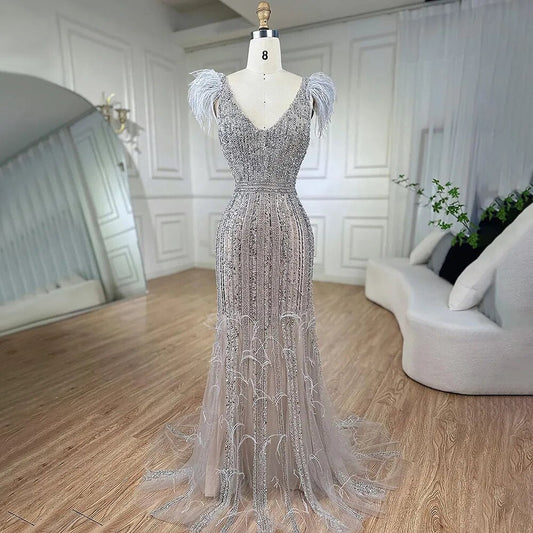 Vestido de noche árabe de sirena gris nude con escote en V, elegante, con plumas y cuentas, para mujer, para fiesta de boda, LA72184 