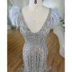 Arabic Mermaid Grey Nude V Neck Evening Dresses Gowns 2025 Feather Beaded Elegant For Women Wedding Party LA72184