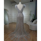 Arabic Mermaid Grey Nude V Neck Evening Dresses Gowns 2025 Feather Beaded Elegant For Women Wedding Party LA72184