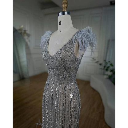 Vestido de noche árabe de sirena gris nude con escote en V, elegante, con plumas y cuentas, para mujer, para fiesta de boda, LA72184 