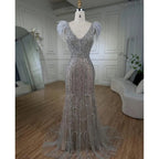 Arabic Mermaid Grey Nude V Neck Evening Dresses Gowns 2025 Feather Beaded Elegant For Women Wedding Party LA72184
