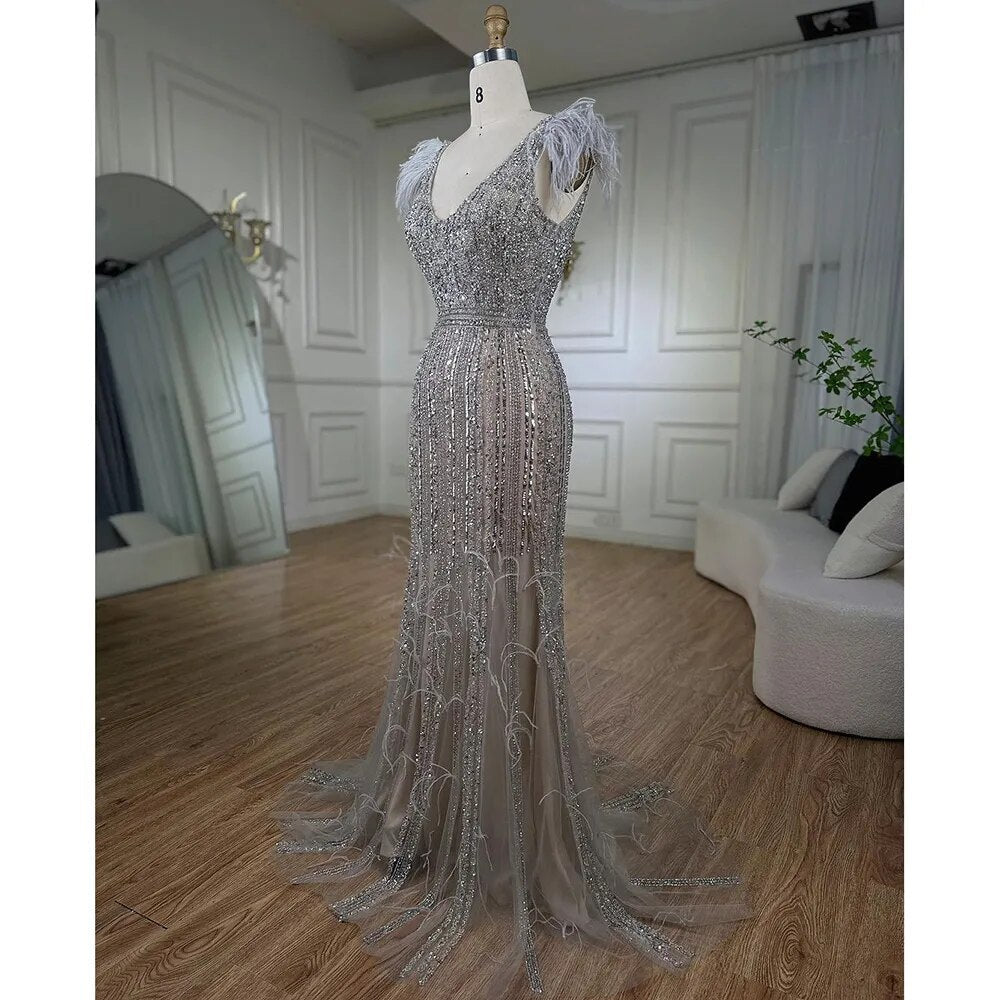 Vestido de noche árabe de sirena gris nude con escote en V, elegante, con plumas y cuentas, para mujer, para fiesta de boda, LA72184 
