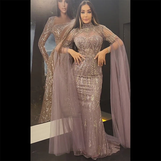 Elegante vestido de noche de sirena árabe con mangas tipo capa moradas y cuentas, de lujo, para mujer, para fiesta de boda, LA72129 