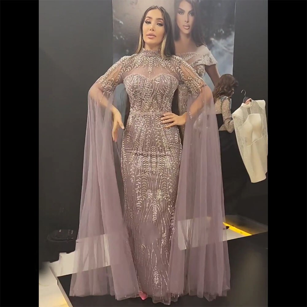 Elegante vestido de noche de sirena árabe con mangas tipo capa moradas y cuentas, de lujo, para mujer, para fiesta de boda, LA72129 