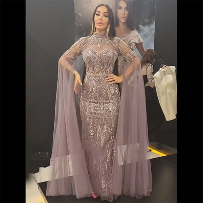 Elegante vestido de noche de sirena árabe con mangas tipo capa moradas y cuentas, de lujo, para mujer, para fiesta de boda, LA72129 