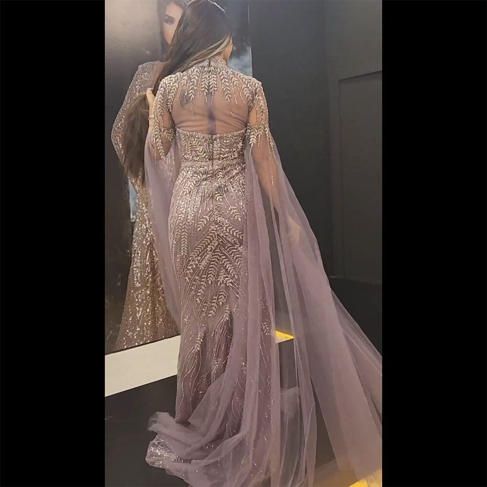Elegante vestido de noche de sirena árabe con mangas tipo capa moradas y cuentas, de lujo, para mujer, para fiesta de boda, LA72129 