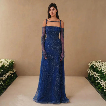 Vestido de noche largo azul marino árabe con tirantes finos, corte A y cuentas, elegante para mujer, fiesta 2025 LA72469 