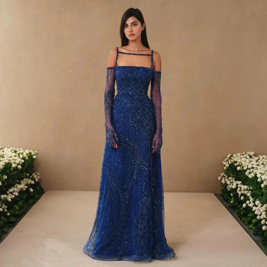 Vestido de noche largo azul marino árabe con tirantes finos, corte A y cuentas, elegante para mujer, fiesta 2025 LA72469 