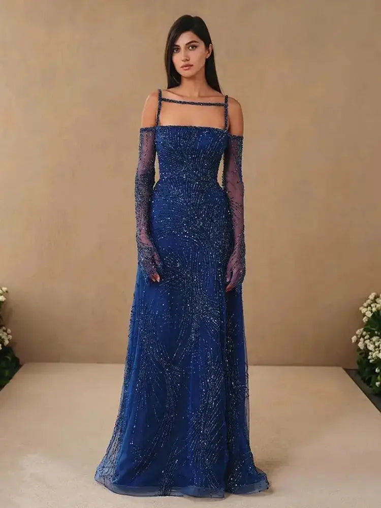 Vestido de noche largo azul marino árabe con tirantes finos, corte A y cuentas, elegante para mujer, fiesta 2025 LA72469 