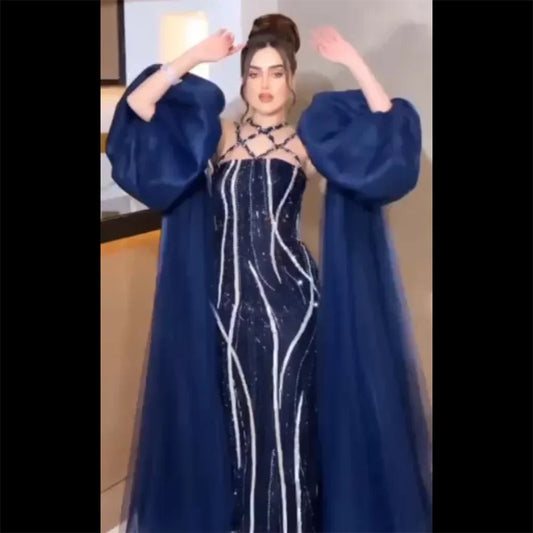 Vestido de noche elegante estilo sirena azul marino árabe con mangas globo y cuentas de lujo estilo Dubái para mujer, vestido de fiesta LA72072 