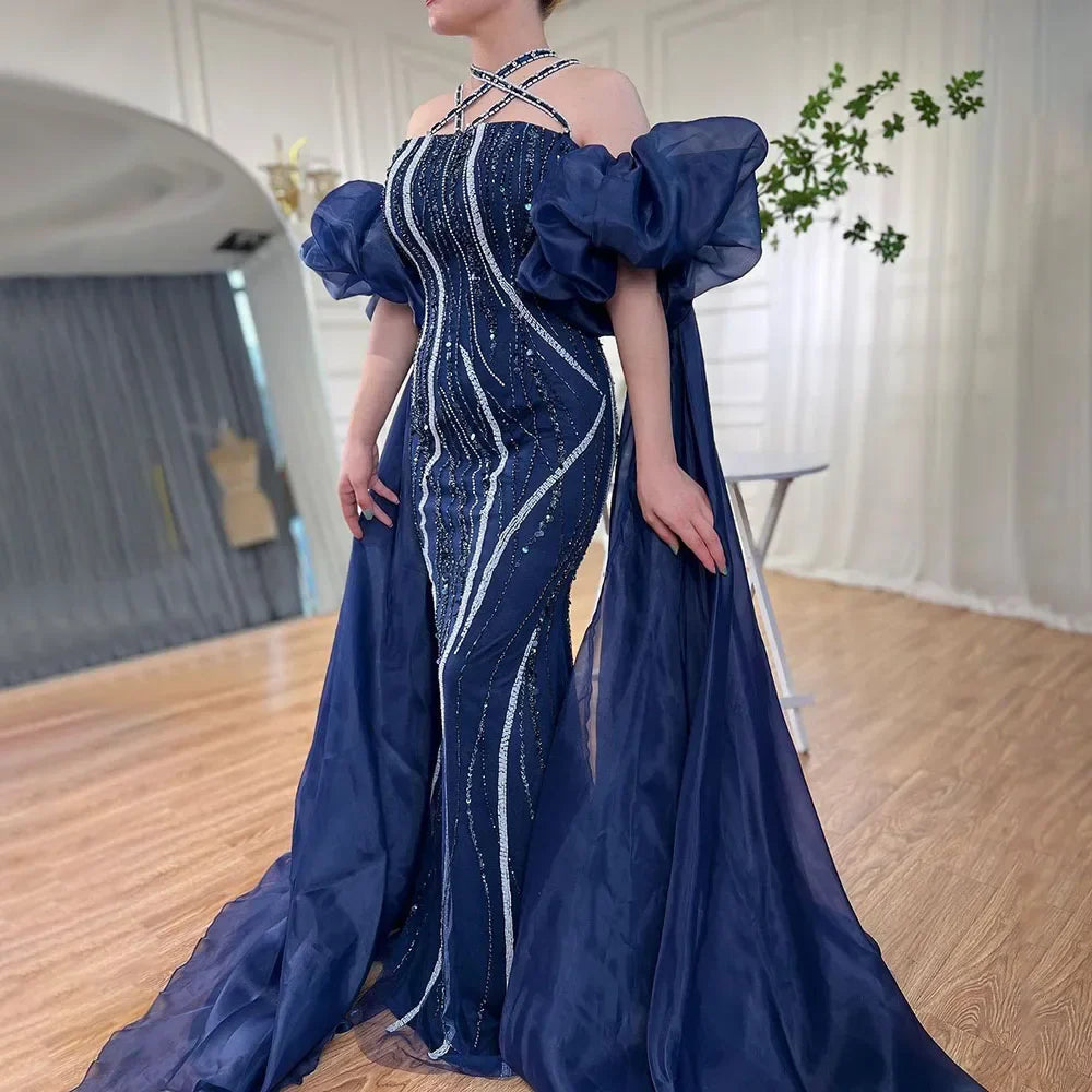 Arabic Navy Blue Elegant Mermaid Balloon Sleeves Beaded Luxury Dubai Evening Dresses Gowns For Women Party LA72072
