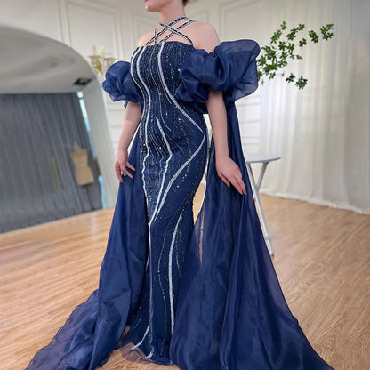 Vestido de noche elegante estilo sirena azul marino árabe con mangas globo y cuentas de lujo estilo Dubái para mujer, vestido de fiesta LA72072 