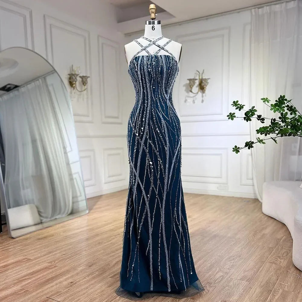 Vestido de noche elegante estilo sirena azul marino árabe con mangas globo y cuentas de lujo estilo Dubái para mujer, vestido de fiesta LA72072 