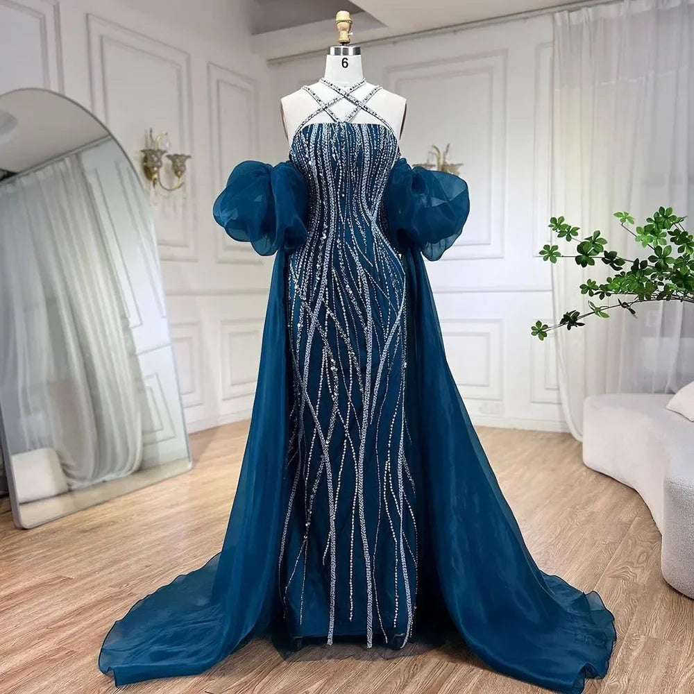 Arabic Navy Blue Elegant Mermaid Balloon Sleeves Beaded Luxury Dubai Evening Dresses Gowns For Women Party LA72072