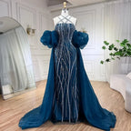 Arabic Navy Blue Elegant Mermaid Balloon Sleeves Beaded Luxury Dubai Evening Dresses Gowns For Women Party LA72072