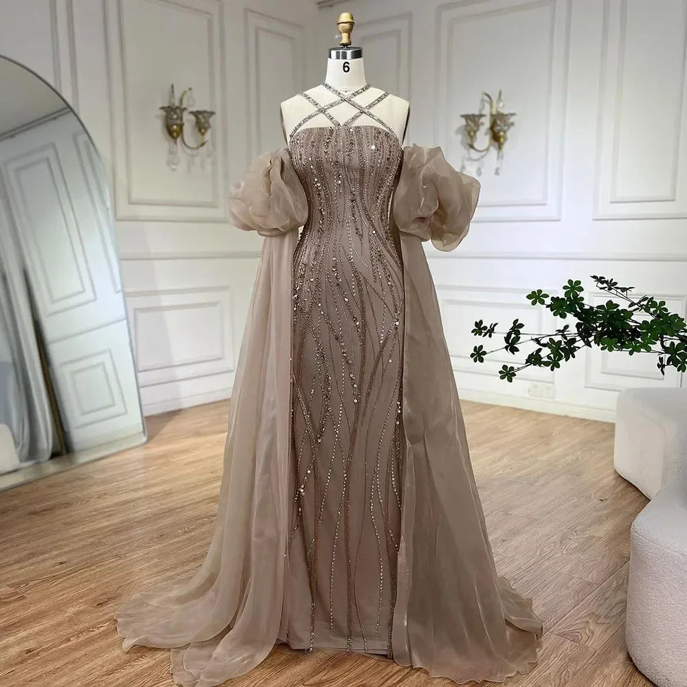 Vestido de noche elegante estilo sirena azul marino árabe con mangas globo y cuentas de lujo estilo Dubái para mujer, vestido de fiesta LA72072 