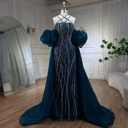 Vestido de noche elegante estilo sirena azul marino árabe con mangas globo y cuentas de lujo estilo Dubái para mujer, vestido de fiesta LA72072 