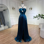 Arabisches, marineblaues Abendkleid im Meerjungfrauenstil mit Neckholder, Schnürung am Rücken und Perlenbesatz für Damen | Hochzeitsfeier 2025 LA72625 