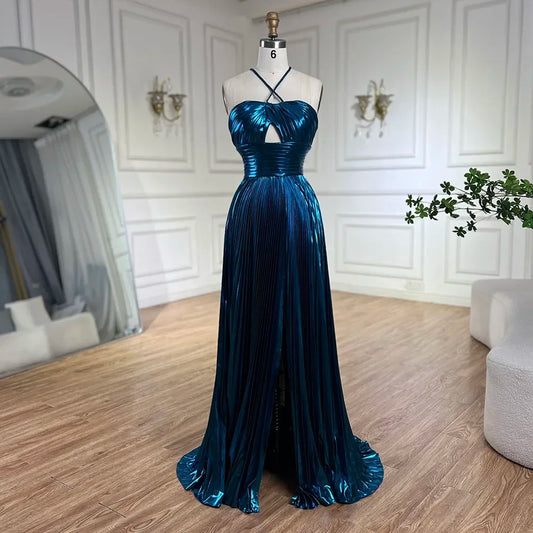 Vestido de noche árabe azul marino con escote halter, espalda con cordones y cuentas, corte sirena, para mujer | Fiesta de bodas 2025 LA72625 