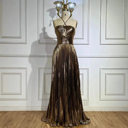 Vestido de noche árabe azul marino con escote halter, espalda con cordones y cuentas, corte sirena, para mujer | Fiesta de bodas 2025 LA72625 