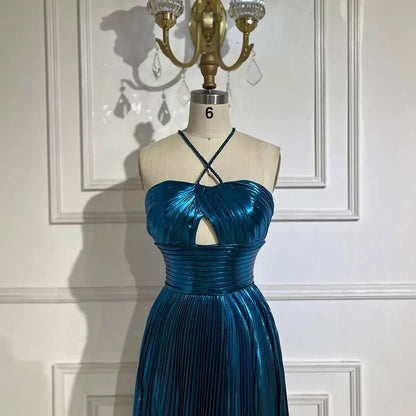 Vestido de noche árabe azul marino con escote halter, espalda con cordones y cuentas, corte sirena, para mujer | Fiesta de bodas 2025 LA72625 
