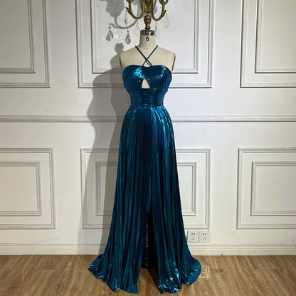 Vestido de noche árabe azul marino con escote halter, espalda con cordones y cuentas, corte sirena, para mujer | Fiesta de bodas 2025 LA72625 