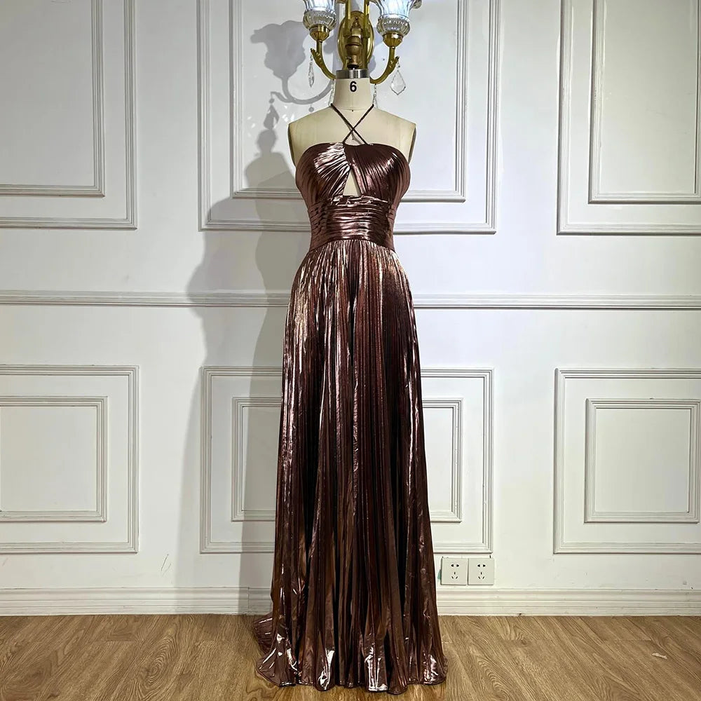 Vestido de noche árabe azul marino con escote halter, espalda con cordones y cuentas, corte sirena, para mujer | Fiesta de bodas 2025 LA72625 