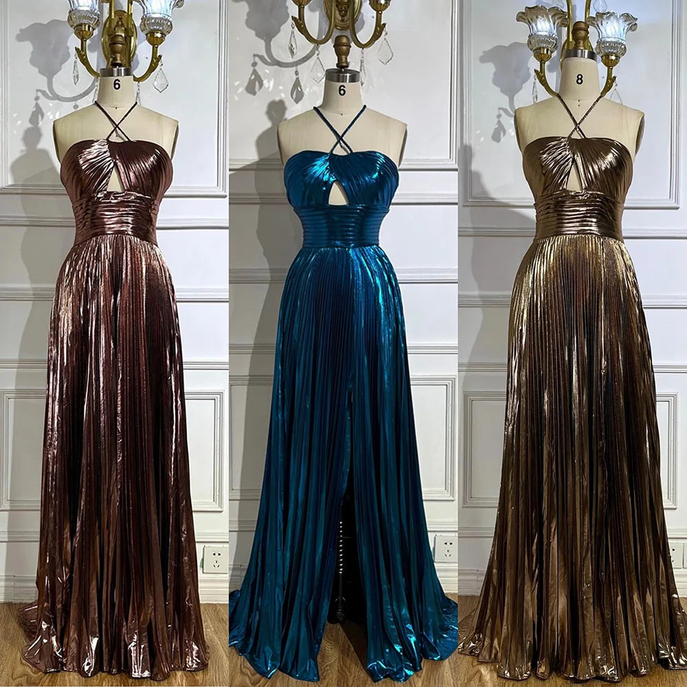 Vestido de noche árabe azul marino con escote halter, espalda con cordones y cuentas, corte sirena, para mujer | Fiesta de bodas 2025 LA72625 