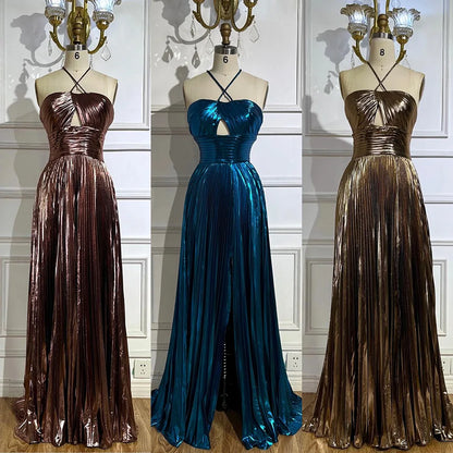 Vestido de noche árabe azul marino con escote halter, espalda con cordones y cuentas, corte sirena, para mujer | Fiesta de bodas 2025 LA72625 