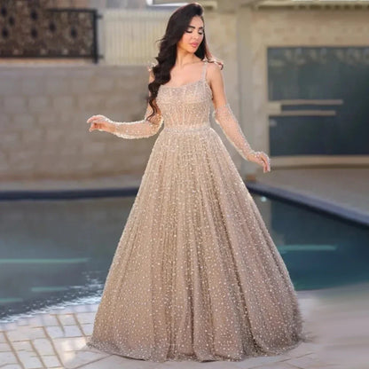 Vestido de noche árabe color piel, corte A, 2025, tirantes finos y guantes para boda de mujer LA72363 