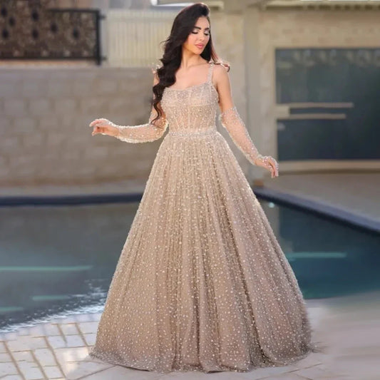 Vestido de noche árabe color piel, corte A, 2025, tirantes finos y guantes para boda de mujer LA72363 
