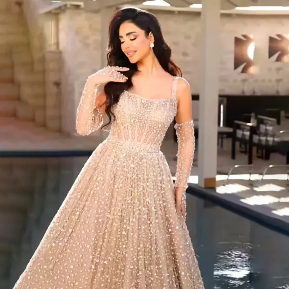 Vestido de noche árabe color piel, corte A, 2025, tirantes finos y guantes para boda de mujer LA72363 