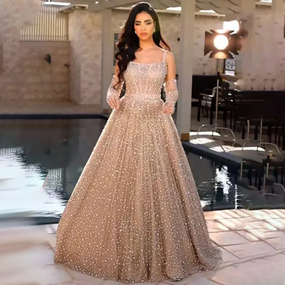 Vestido de noche árabe color piel, corte A, 2025, tirantes finos y guantes para boda de mujer LA72363 