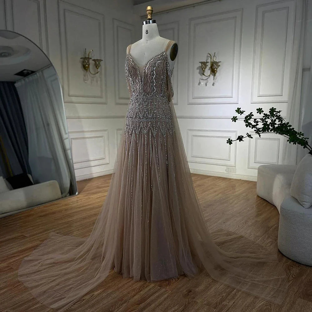 Arabic Nude A Line Spaghetti Strap Beaded Luxury Dubai Evening Dresses Gowns For Women Wedding Party 2025 LA71911L