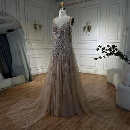 Vestidos de noche árabes color nude, corte A, tirantes finos, con cuentas, de lujo, estilo Dubái, para mujer, para boda, fiesta, 2025, LA71911L 