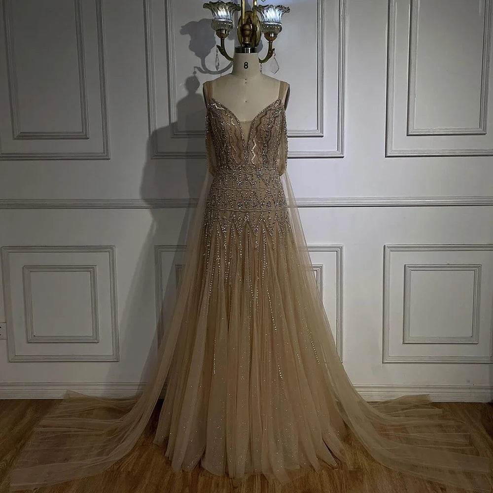 Vestidos de noche árabes color nude, corte A, tirantes finos, con cuentas, de lujo, estilo Dubái, para mujer, para boda, fiesta, 2025, LA71911L 