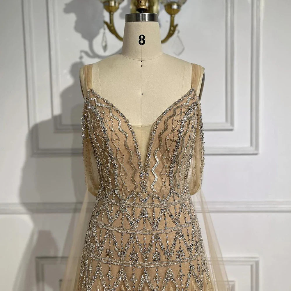 Arabic Nude A Line Spaghetti Strap Beaded Luxury Dubai Evening Dresses Gowns For Women Wedding Party 2025 LA71911L
