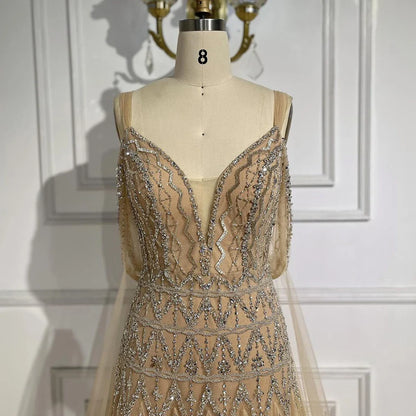 Vestidos de noche árabes color nude, corte A, tirantes finos, con cuentas, de lujo, estilo Dubái, para mujer, para boda, fiesta, 2025, LA71911L 