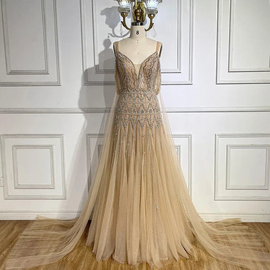 Vestidos de noche árabes color nude, corte A, tirantes finos, con cuentas, de lujo, estilo Dubái, para mujer, para boda, fiesta, 2025, LA71911L 